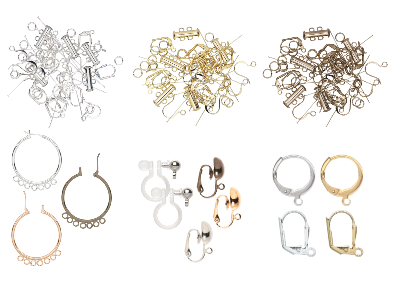 findings A grid showing samples of earring findings and chain clasps in gold, silver, and brass.