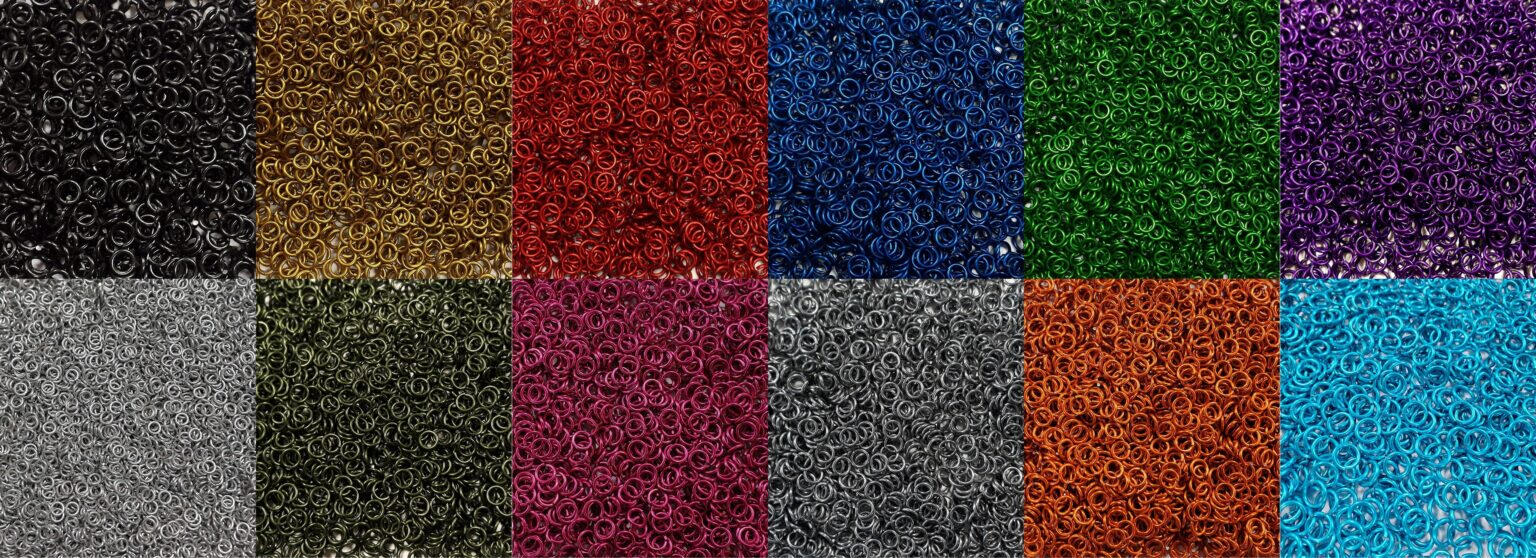 A grid showcasing ten colors of anodized aluminum jumprings.
