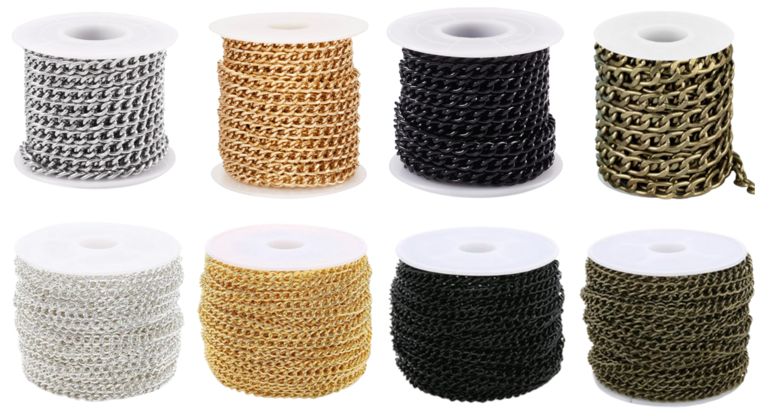 chains A grid of chain samples including thick and thin gold, silver, black, and brassy varieties.