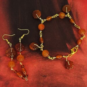 Wire-Wrapped Gold and Carnelian Bead Bracelet + Earrings
