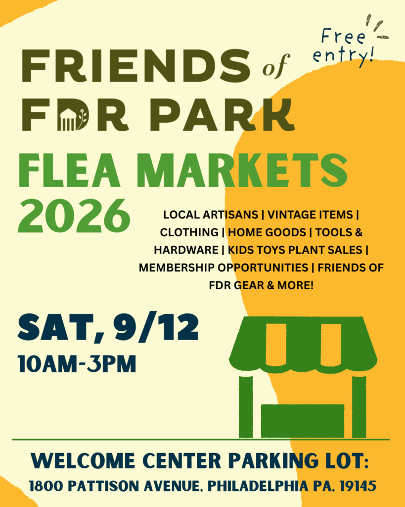Flyer promoting the Friends of FDR Park Flea Market, taking place on September 12 from 10am to 3pm at 1800 Pattison Avenue, Philadelphia, PA. 